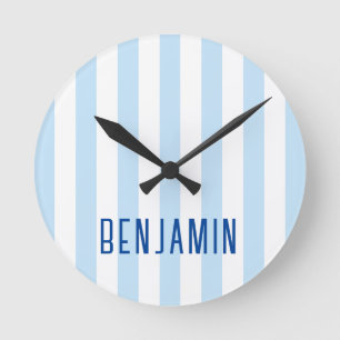 Modern Pale Blue and White Stripe Name Round Clock