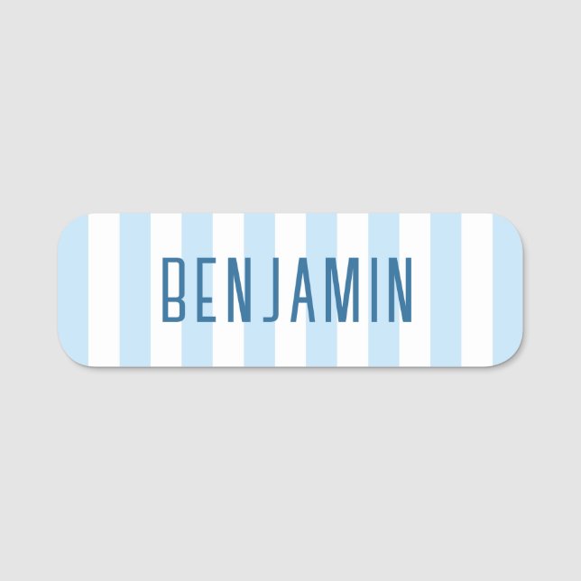 Modern Pale Blue and White Striped Name Tag (Front)