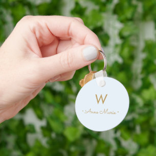 Modern Pale Blue Gold Minimalist Monogram Key Ring