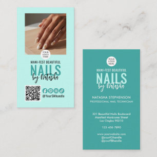 Modern Pale Blue Teal Logo QR Code Photo NAIL TECH Business Card