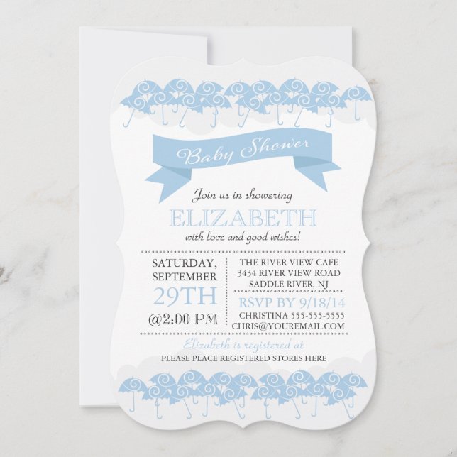 Modern Pale Blue Umbrella Baby Shower Invitation (Front)