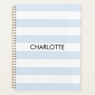 Modern pale blue white striped custom year name planner