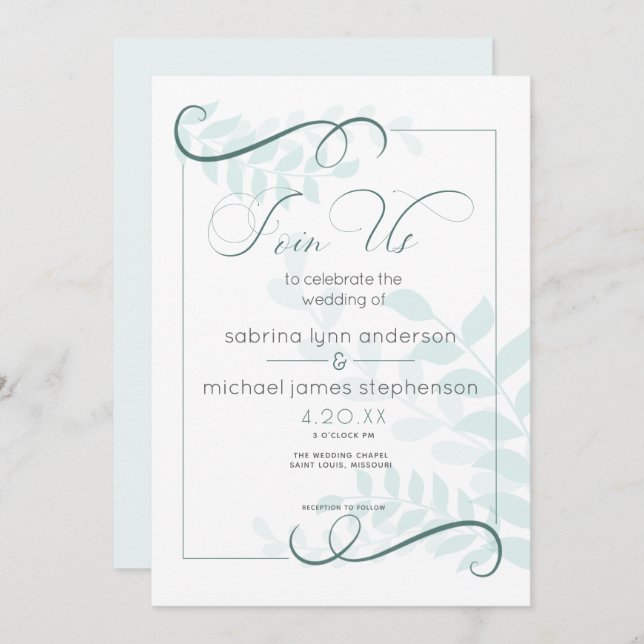 Modern Pale Foliage Chic Accents Jade Green Invitation (Front/Back)