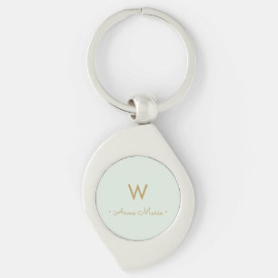Modern Pale Green Gold Minimalist Monogram Key Ring