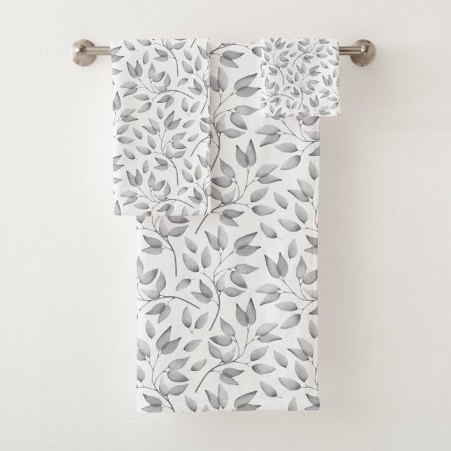 Modern Pale Grey and White Leaves Pattern Bath Towel Set (Insitu)