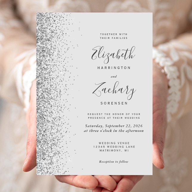 Modern Pale Grey Silver Glitter Edge Wedding Invitation (Creator Uploaded)