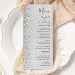Modern Pale Grey Silver Glitter Edge Wedding Menu<br><div class="desc">The left-hand edge of this elegant modern wedding menu features a silver faux glitter design. The customisable text combines charcoal grey handwriting,  copperplate and italic fonts on a pale grey background. The reverse side features a matching pale grey and silver glitter design.</div>