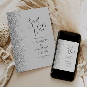 Modern Pale Grey Silver Glitter Save the Date Announcement