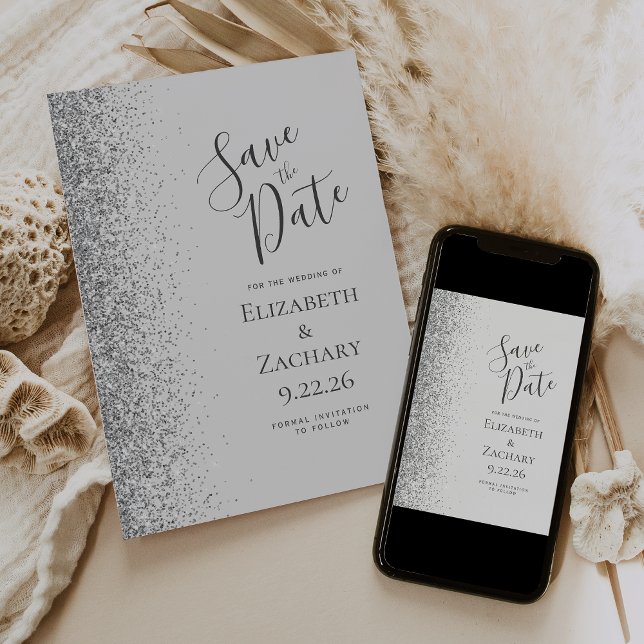 Modern Pale Grey Silver Glitter Save the Date Announcement (Creator Uploaded)