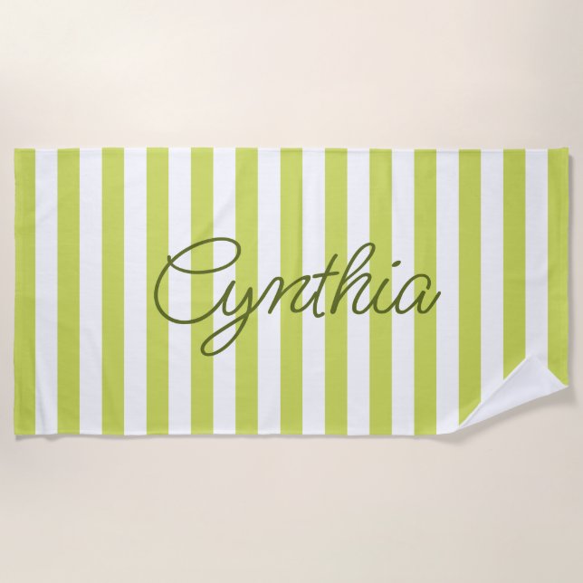 Modern Pale Lime Stripe Personalised Beach Towel (Front)