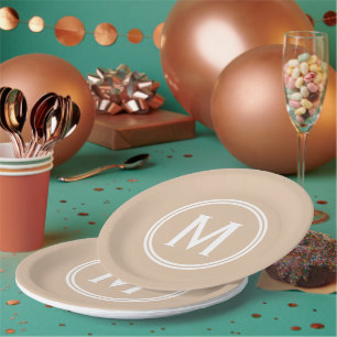 Modern Pale Peach Custom Round Framed Monogram Paper Plate