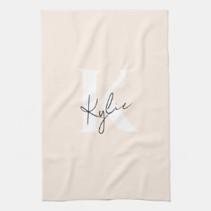 Modern Pale Peach Personalised Monogram Name - Tea Towel