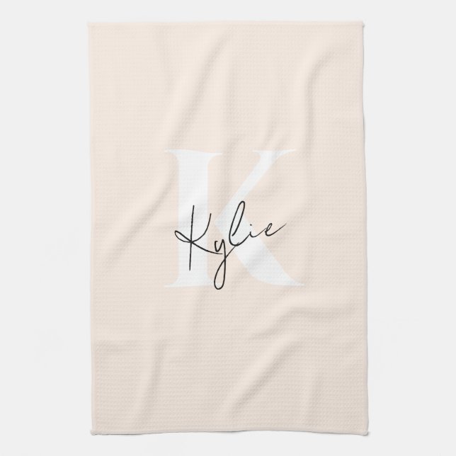 Modern Pale Peach Personalised Monogram Name -  Tea Towel (Vertical)