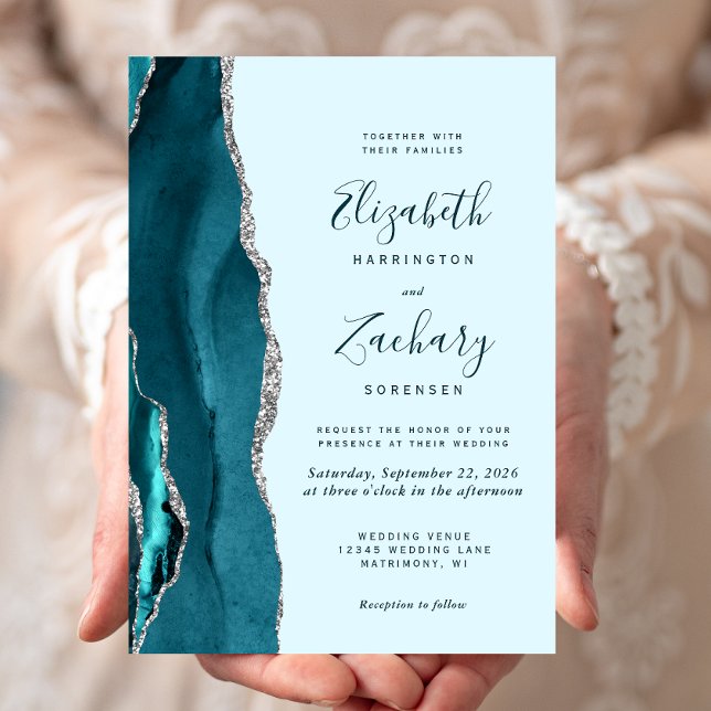 Modern Pale Teal Silver Agate Wedding Invitation (Creator Uploaded)