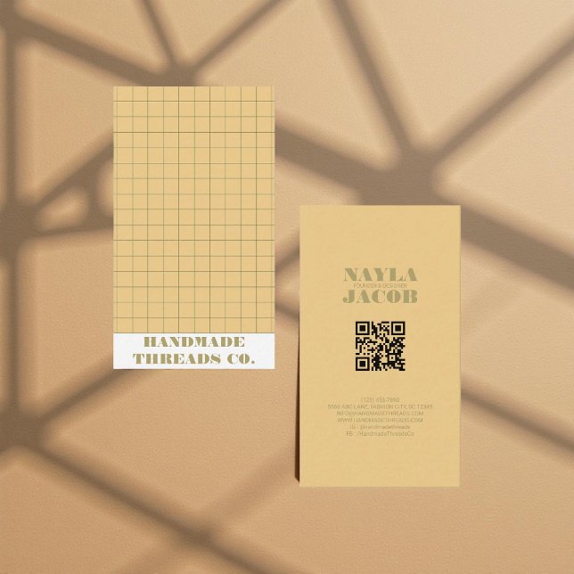 Modern Pale Yellow Chequered Pattern QR Code  Business Card (Creator Uploaded)