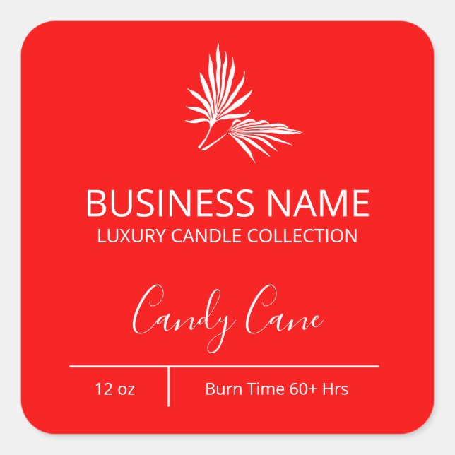 Modern Palm Candy Cane Red Candle Labels (Front)