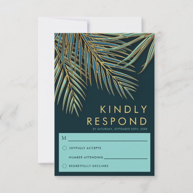 Modern Palm Gold Teal Tropical Beach Wedding RSVP Card (Front)