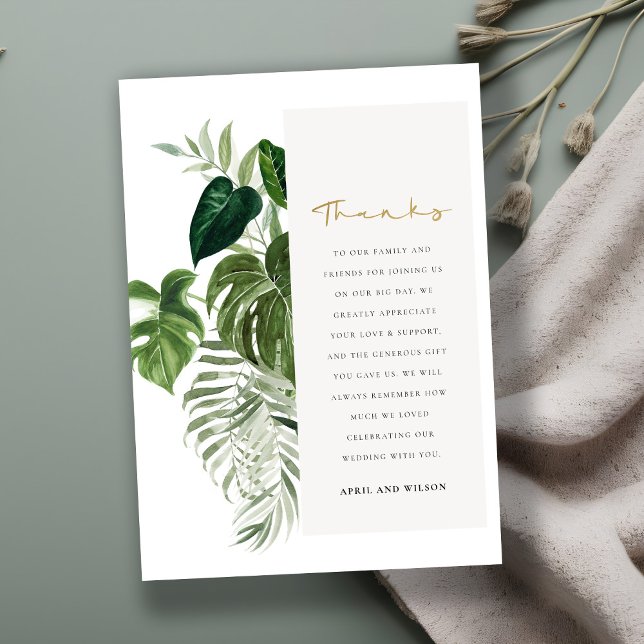 Modern Palm Green Leafy Tropical Foliage Wedding Thank You Card (Creator Uploaded)