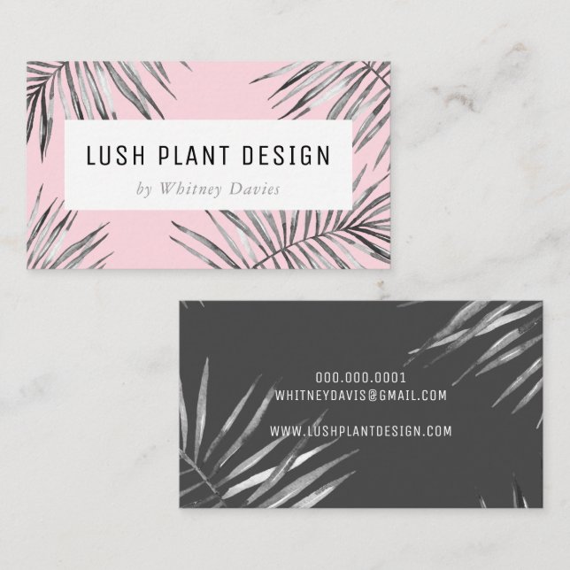 MODERN PALM LEAF lush botanical black grey pink Business Card (Front/Back)