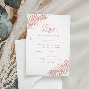 Modern Palm Leaf Rose Gold White Wedding RSVP Card