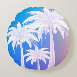 Modern Palm Leaf Watercolor Colourful Blue Pink Round Cushion