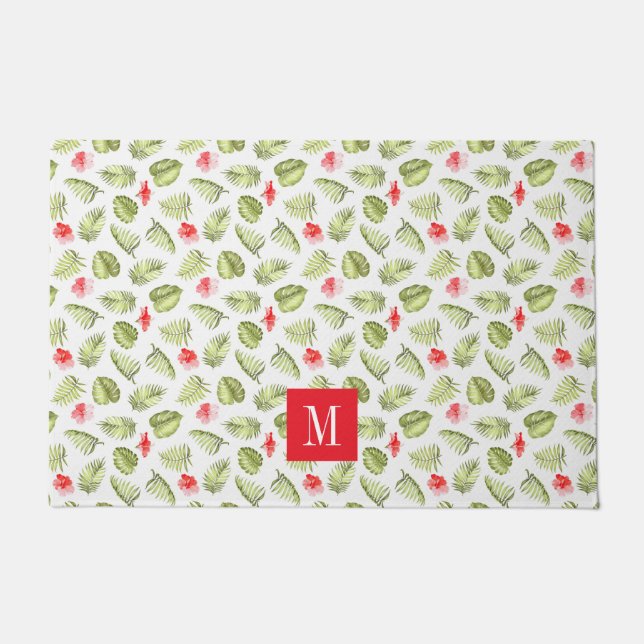 Modern Palm Leaves Monogram Doormat (Front)
