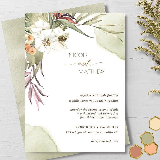 Modern Palm Leaves Olive Bohemian Wedding Invitation (Creator Uploaded)
