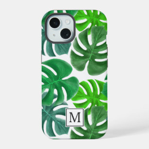 Modern Palm Leaves Pattern Monogram iPhone 15 Case