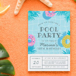 Modern Palm Leaves & Pineapple Pool Party Birthday Invitation Postcard<br><div class="desc">A fun, summery design featuring a pool framed by palm fronds, doughnut pool floats and a pineapple pool float. The party details are separated into two parts: the invitation is placed in the pool in modern typography and the party details are below in a clear, boxed layout on a simple...</div>