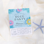 Modern Palm Leaves & Pineapple Pool Party Birthday Invitation Postcard<br><div class="desc">A fun, summery design featuring a pool framed by palm fronds, doughnut pool floats and a pineapple pool float. The party details are separated into two parts: the invitation is placed in the pool in modern typography and the party details are below in a clear, boxed layout on a simple...</div>