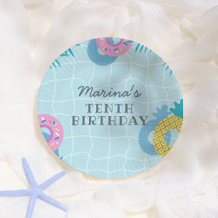 Modern Palm Leaves & Pineapple Pool Party Birthday Paper Plate