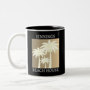 Modern Palm Tree Black Beige Beach House Name Two-Tone Coffee Mug