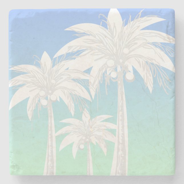 Modern Palm Tree Coastal Blue Green Sky Ombre Stone Coaster (Front)