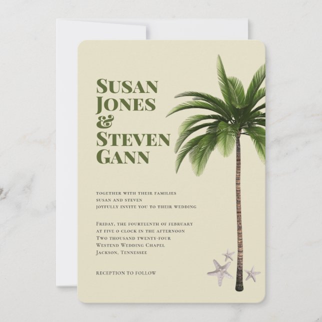 Modern Palm Tree Ivory Green Typography Wedding Invitation (Front)