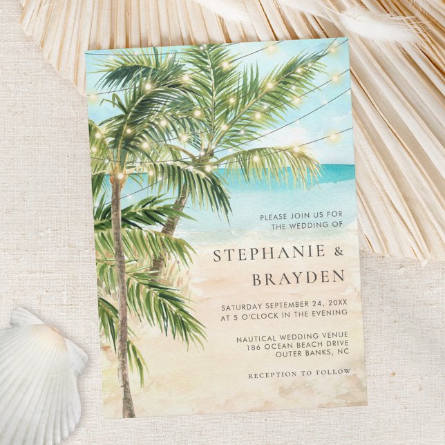 Modern Palm Tree Lights Tropical Beach Wedding Invitation (Creator Uploaded)