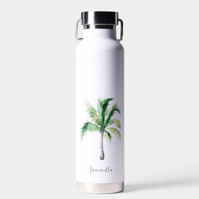 Modern Palm Tree Monogram Personalised Water Bottle (Front)