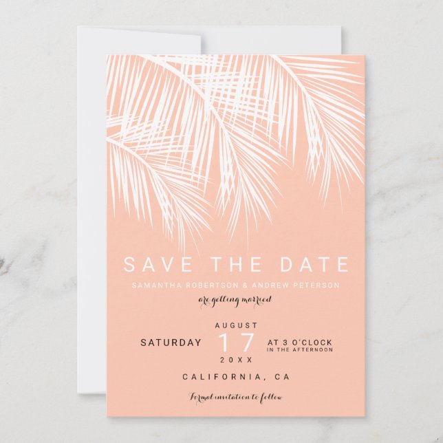 Modern palm tree peach salmon save the date invitation (Front)