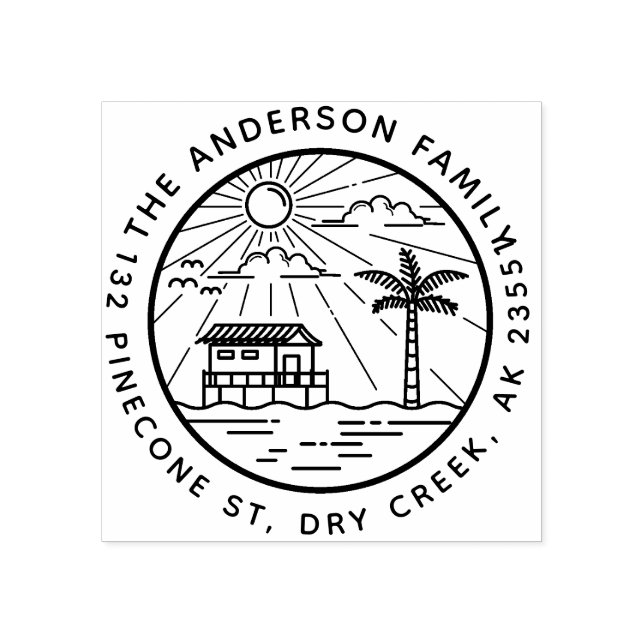 Modern Palm Tree & Sun Round Family Name Address Rubber Stamp (Imprint)