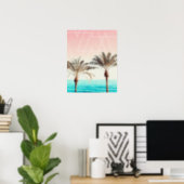 Modern palm tree sunset pink blue beach geometric poster (Home Office)