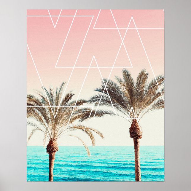 Modern palm tree sunset pink blue beach geometric poster (Front)