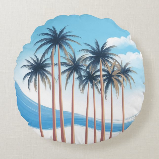 Modern Palm Trees Blue White Outdoor Round Cushion (Front)