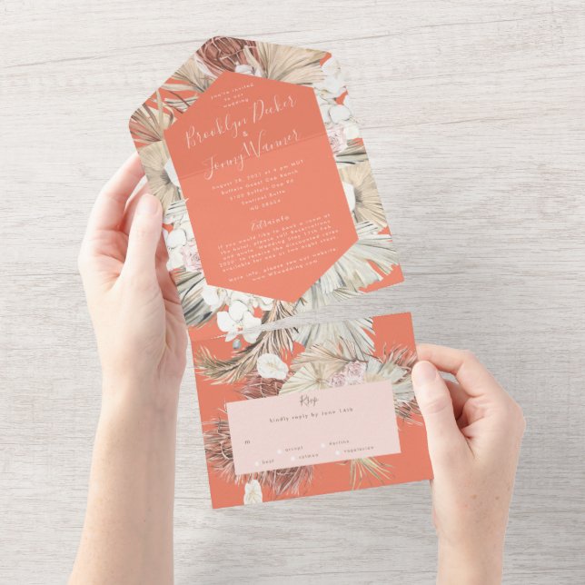 Modern Pampas Boho Coral Tropical Cream Wedding All In One Invitation (Tearaway)