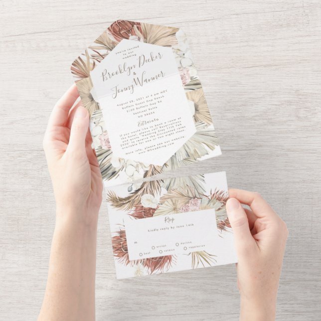 Modern Pampas Boho Floral Tropical Desert Wedding All In One Invitation (Tearaway)