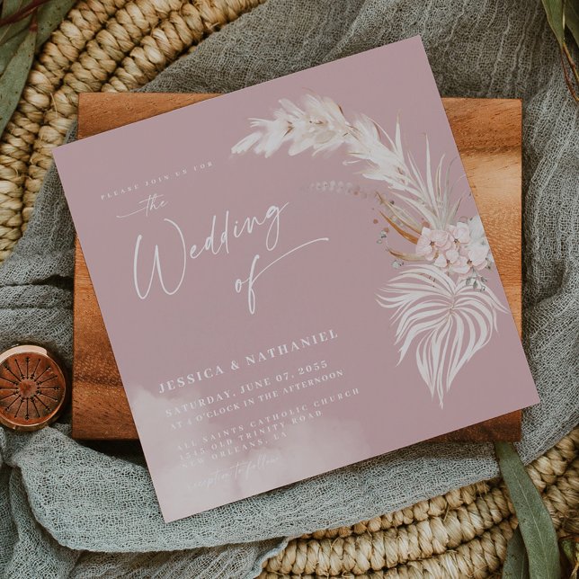 Modern Pampas Grass Blush Rose Boho Floral Magnetic Invitation (Creator Uploaded)