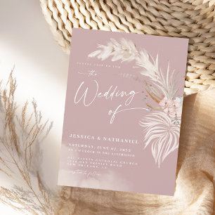 Modern Pampas Grass Blush Rose Floral Boho Wedding Invitation