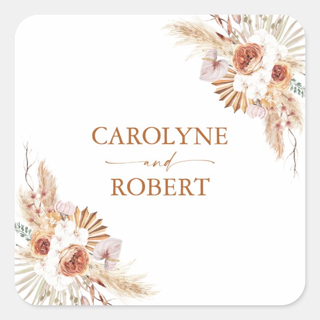 Modern Pampas Grass Boheo Terracotta Wedding Square Sticker (Front)