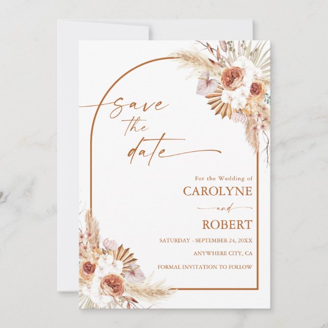 Modern Pampas Grass Boho Terracotta Wedding Save The Date (Front)