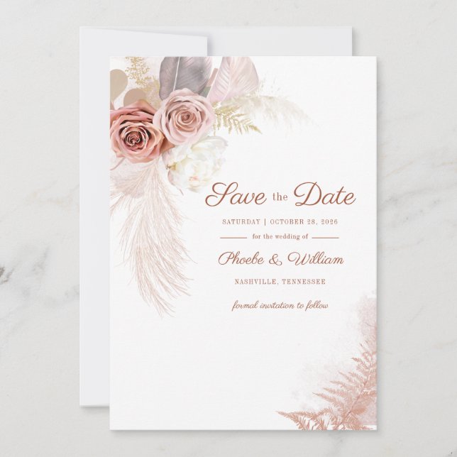 Modern Pampas Grass Floral Script Save The Date (Front)