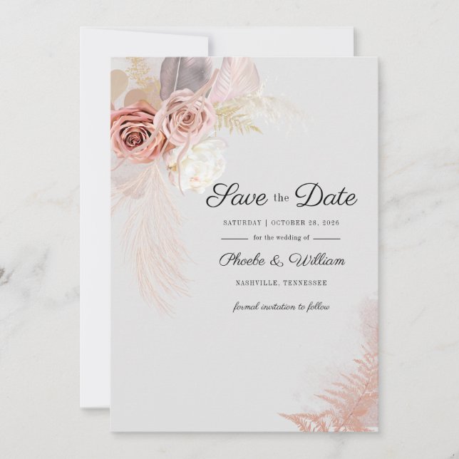 Modern Pampas Grass Floral Script Save The Date (Front)