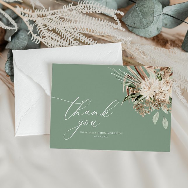 Modern pampas grass sage green wedding  thank you card (Creator Uploaded)